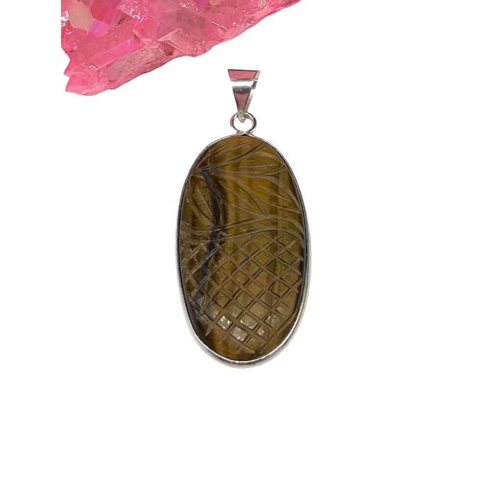 Carved Tiger’s Eye Necklace Pendant 925 Sterling Silver Overlay